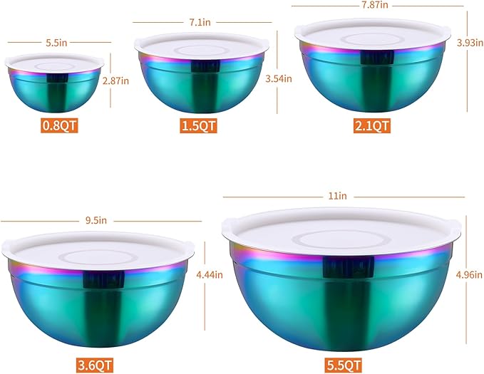 Colorul Mixing Bowls with Airtight Lids, Stainless Steel Nesting Mixing Bowls Set of 5, Ideal for Baking, Prepping and Serving Food, Size 5.5, 3.6, 2.7, 2.1, 1.5, QT, Stackable Design