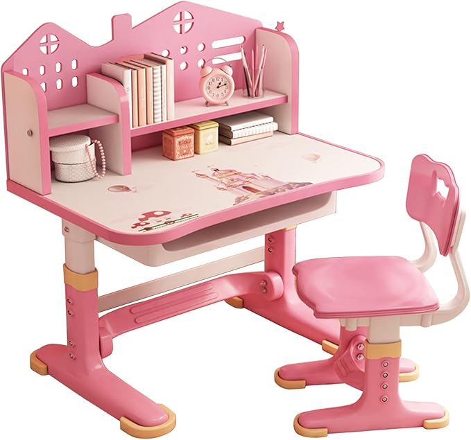 Small Desk, Standing Desk, Desk Chair Set, Widened Desktop Multi Separation Cartoon Pattern Desk Chair Set Kids Adjustable Height Study Table with Drawer Chair Set