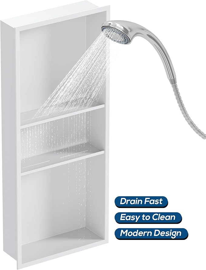 Stainless Steel Shower Niche 12" X 30", No Tile Needed Wall Niche Three-Tier, Recessed Shower Shelf for Bathroom Storage, Matte White