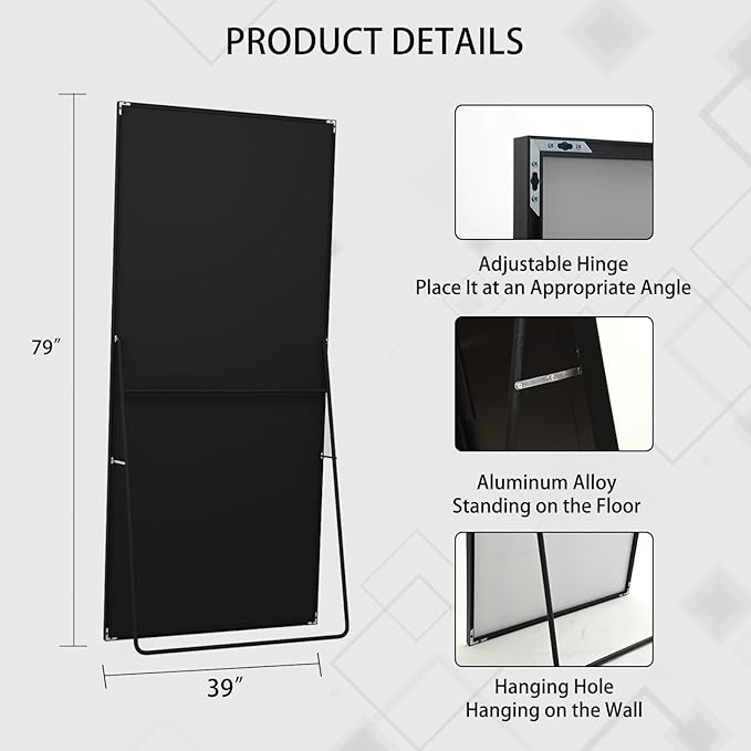 Beauty4U 79" x 39" Large Full Length Mirror with Stand, Metal Frame Black Wall Mounting Full Body Tempered Mirror for Living Room, Bedroom