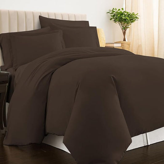 Pizuna Pure 100% Cotton King Duvet Cover Set, Luxurious 400 Thread Count Long Staple Cotton Sateen Weave with Button Closure (Combed Dark Brown Cotton Duvet Cover King)