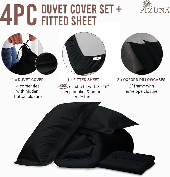 Pizuna 100% Cotton King 3 Pc Duvet Cover + 1 Pc Fitted Sheet Set 400 Thread Count Black Sateen Weave Luxurious Long Staple Cotton 4 Piece Bedding Set - 1 Duvet Cover, 2 Pillow Shams, 1 Fitted Sheet