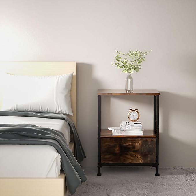 Side Table with Fabric Drawers,2-Tier Nightstand,End Table with Open Shelf for Bedroom, Living Room, Kitchen, Entryway, Rustic Brown