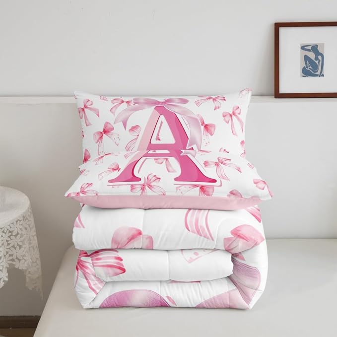 jejeloiu Kids Girls Cute Pink Bow Comforter Set Twin Size Monogrammed Bedding Set Ultra Soft Personalized Initial A Duvet Quilt Coquette Bow Knot Quilt Set Room Decor Modern Fashion Comforter