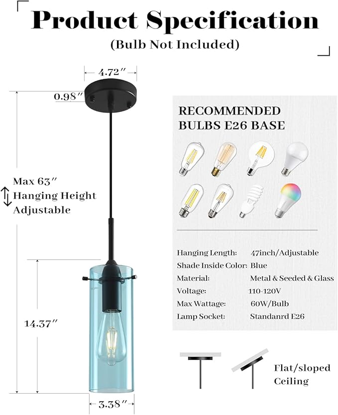 Blue Pendant Lights Kitchen Island 3 Packs, Blown Glass Pendant Light, Modern Glass Kitchen Pendant Light, Hanging Pendant Lights, Island Pendant Lights for Kitchen, Dining Living Bathroom