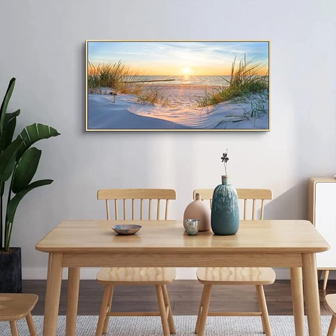 MHARTK66 Natural Wood Framed Wall Art for Living Room Modern Wall Decor for Bedroom Office Decor Beach Landscapes Painting Canvas Art Prints Ready to Hang Wall Pictures Blue Ocean Artwork 20" X 40"