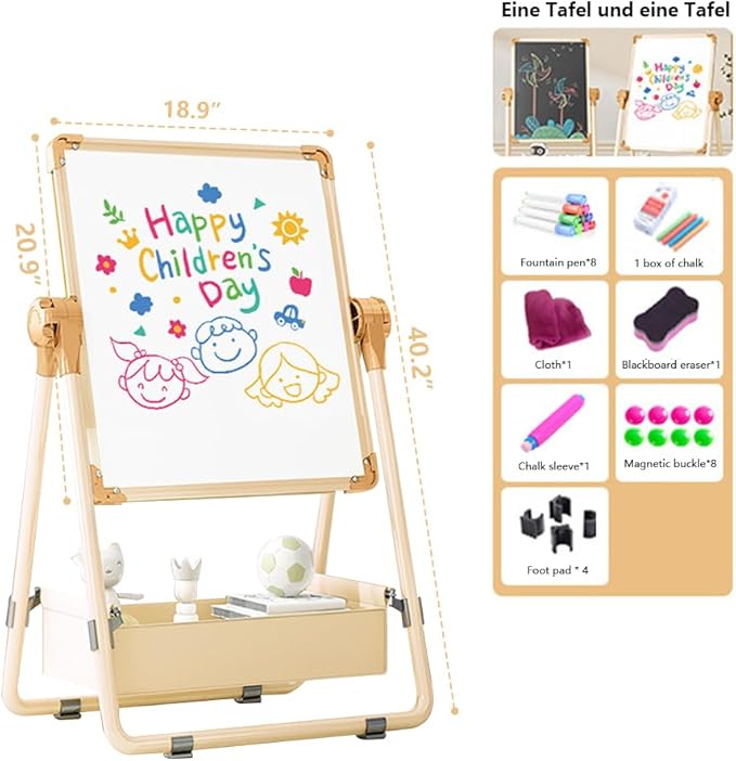 Adjustable Kids Drawing Easel with Magnetic Whiteboard&Chalkboard Double Sided Drawing Board Easy to Clean 360 ° Rotating, Ideal Christmas Gift for Children 36+ Months（40.2"X19"）