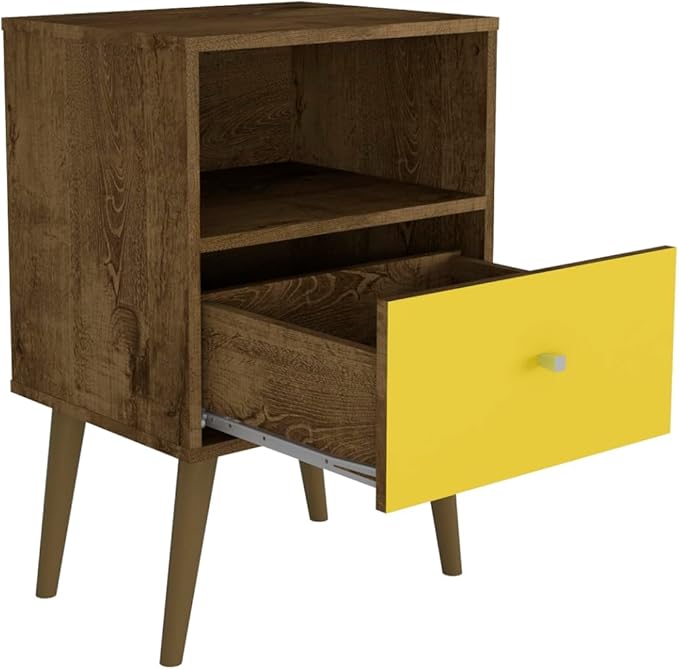 Manhattan Comfort Liberty Mid Century Modern Nightstand with Drawer and Cubby, Bedside Table for Bedroom and Living Room, Night Stand Accent Decor, Easy Assembly, Brown/Yellow