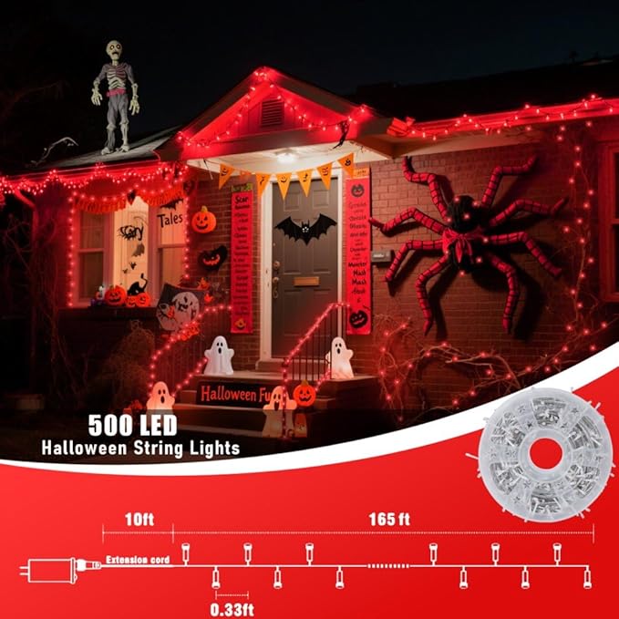QITONG 165ft 500 LED Red Halloween Lights Outdoor Waterproof, Clear Wire String Lights Plug in, 8 Modes Christmas Light Indoor