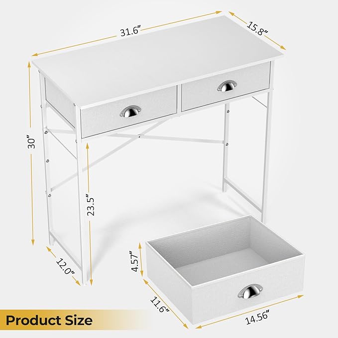 Small Writing Desk for Kids Bedroom, 31.5 Inch White Computer Desk for Small Spaces, Simple Desk with 2 Fabric Drawers for Home Office, Dorm, Living Room, Home Study Table, White