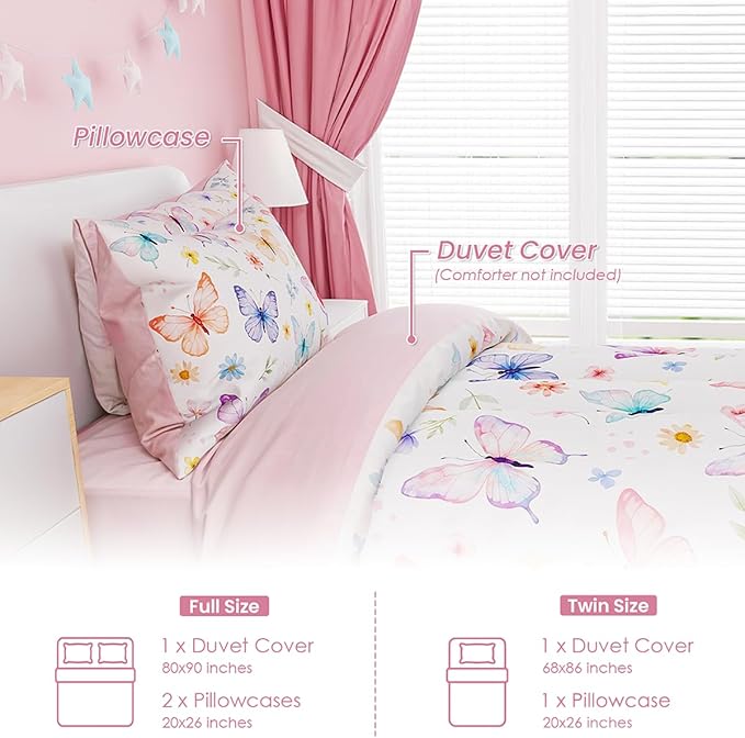 SANDJEST Butterfly Duvet Cover Sets Twin Size for Kids Girls, Include 1 Polyester Comforter Cover 68x86 Inches and 1 Pillowcase 20x26 Inches, Comforter Not Included, Gift for Christmas Birthday