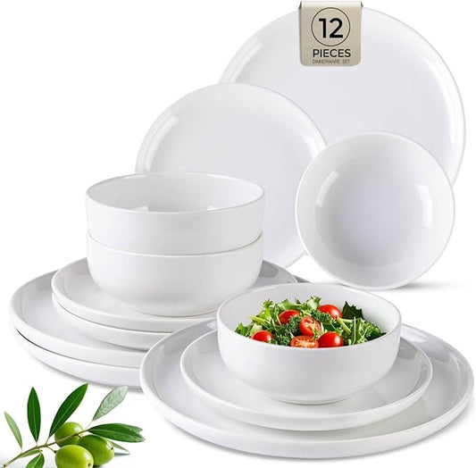 GBHOME Ceramic Dinnerware Sets, 12 Pieces Stoneware Dinnerware Set, Plates and Bowls Sets, Dishwasher & Microwave Safe Dishes | Service for 4 -White