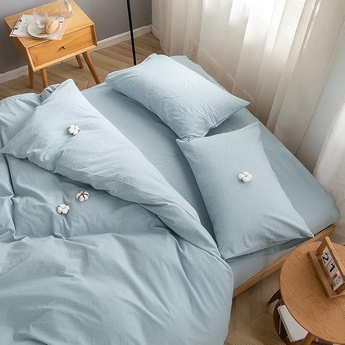 FACE TWO FACE Bedding Duvet Cover Set 3 Pieces 100% Washed Cotton Duvet Cover Linen Like Textured Breathable Durable Soft Comfy (California King, Light Blue)
