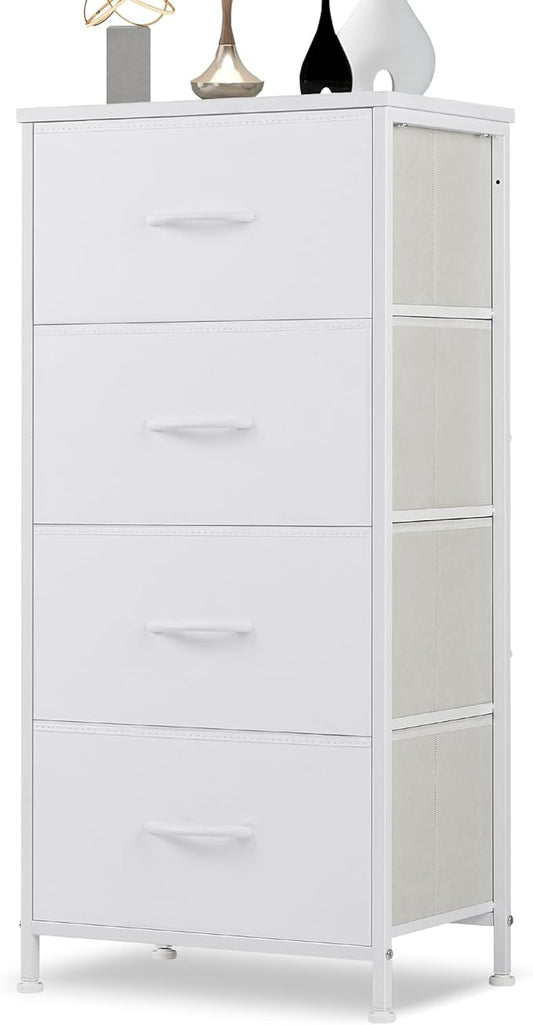 DUMOS Dresser for Bedroom, 4 Storage Drawers, Tall Fabric Closet Chests Organizer Tower Furniture with Wooden Top Metal Frame for Clothes, Nursery Room, Living Room, Hallway, Entryway