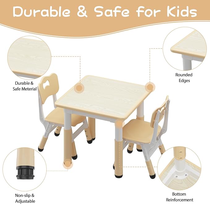GAOMON Kids Table and 2 Chairs Set with Graffiti Desktop, Height Adjustable Toddler Table and Chairs Set for Reading, Drawing, Playing, Eating