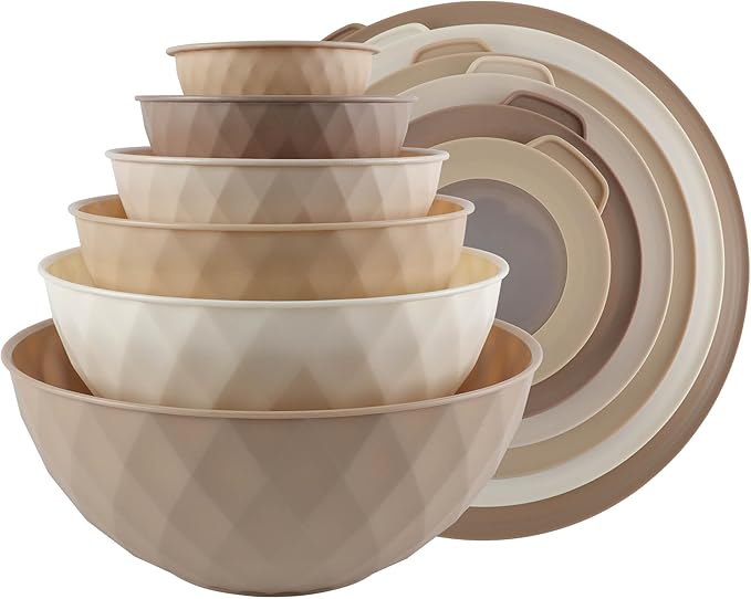 COOK WITH COLOR Mixing Bowls with Lids - 12 Piece Plastic Nesting Bowls Set includes 6 Prep Bowls and 6 Lids, Diamond Design - Microwave Safe