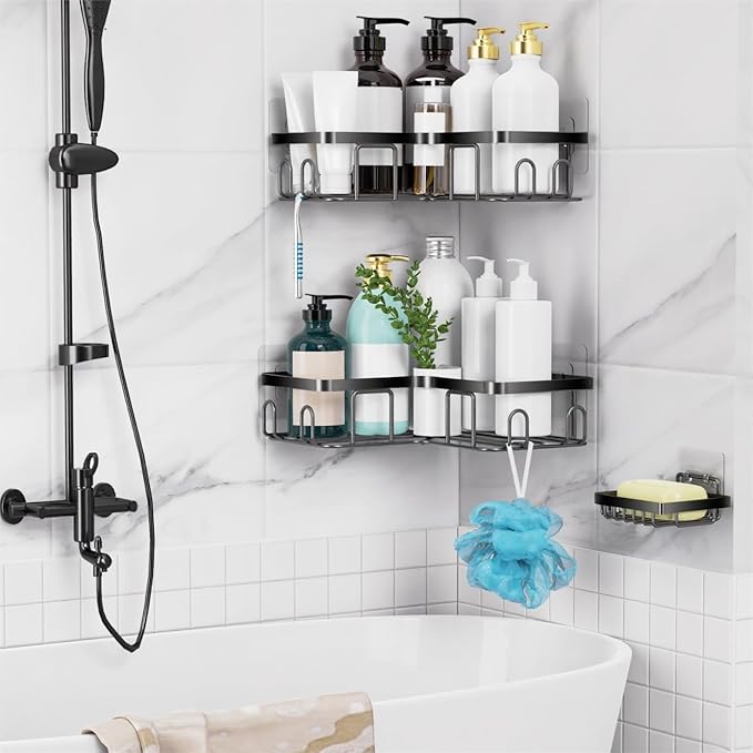 MOFOROCO 3-Pack Corner Shower Caddy Organizer Shelf, Organization with Soap Holder, Adhesive Shower Shelves Rustproof for Bathroom Shower Storage Basket Shower Accessories(Matte Black) (JLJ001)