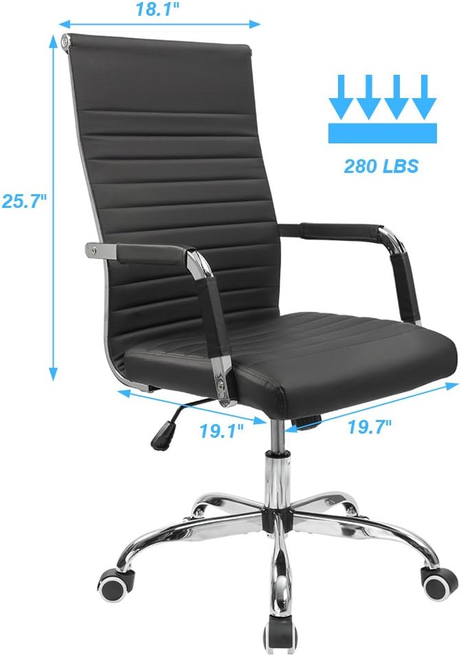 Furmax Ribbed Office Desk Chair Mid-Back PU Leather Executive Conference Task Chair Adjustable Swivel Chair with Arms (Black)