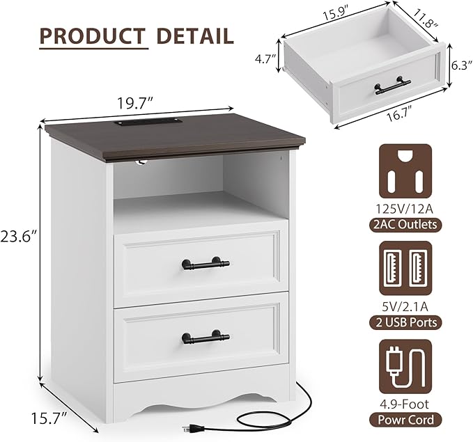 Set of 2 Farmhouse Nightstands with Charging Station, End Tables with 2 Drawers Storage, Space-Saving Wood Storage Cabinets with Unique Base Design, Bedside Tables for Bedroom, Living Room, White