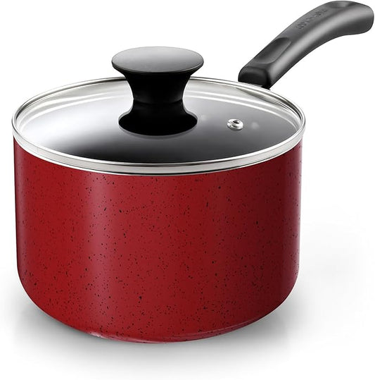 Cook N Home Non Stick Sauce Pan, 2 Quarts Saucepan with Glass Lid, Nonstick Small Multi-purpose Pot, Milk Chocolate Aluminum Cooking Pot Pan with Stay-Cool Handle, Marble Red