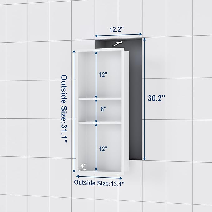Stainless Steel Shower Niche 12" X 30", No Tile Needed Wall Niche Three-Tier, Recessed Shower Shelf for Bathroom Storage, Matte White