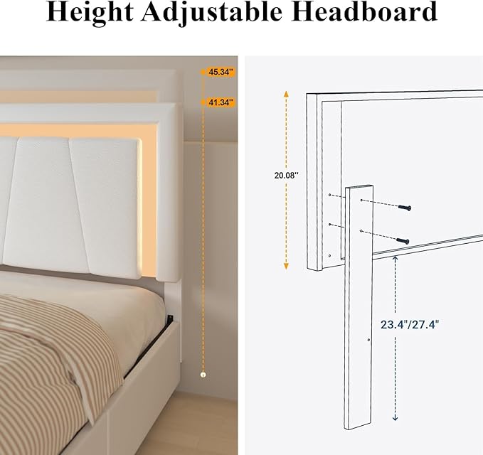 King Bed Frame with 4 Storage Drawers and Adjustable Headboard, Upholstered Platform Bed with LED Lights and USB Ports, Solid Wooden Slats Support, No Box Spring Needed, Easy Assembly, White