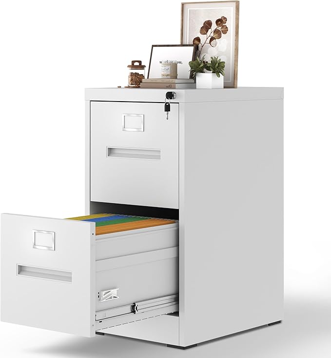 2 Drawer File Cabinet with Lock, Metal Filing Cabinets for Home Office, Vertical Narrow File Cabinet Lockable Steel Storage Cabinets for Letter/Legal/F4/A4 Size, Assembly Required(White)
