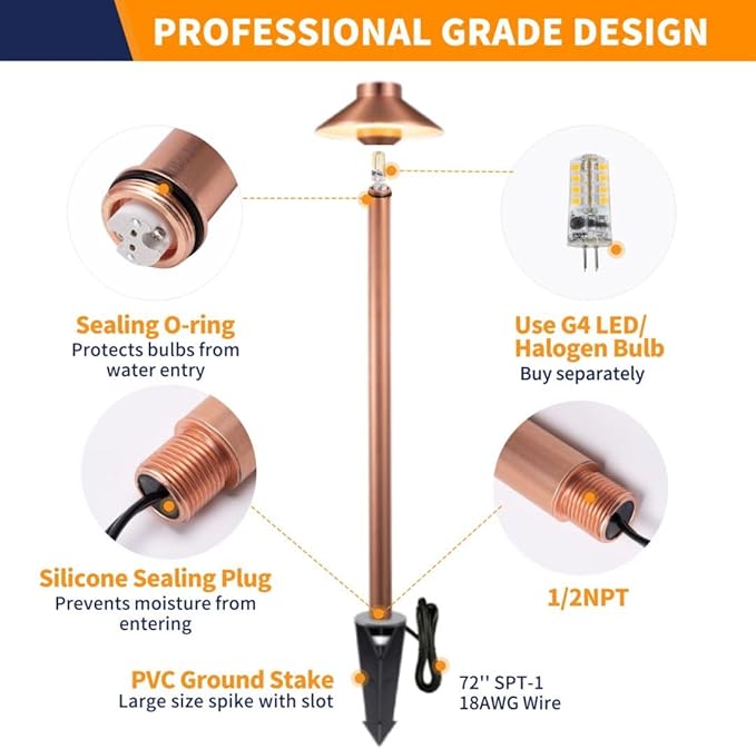 Brass Low Voltage Path Lights(Hat) Outdoor Waterproof IP65, 12V LED Copper Landscape Lights Wired Fixture for Garden Walkway Driveway Garden Yard Without G4 Bulb(4 Pack)