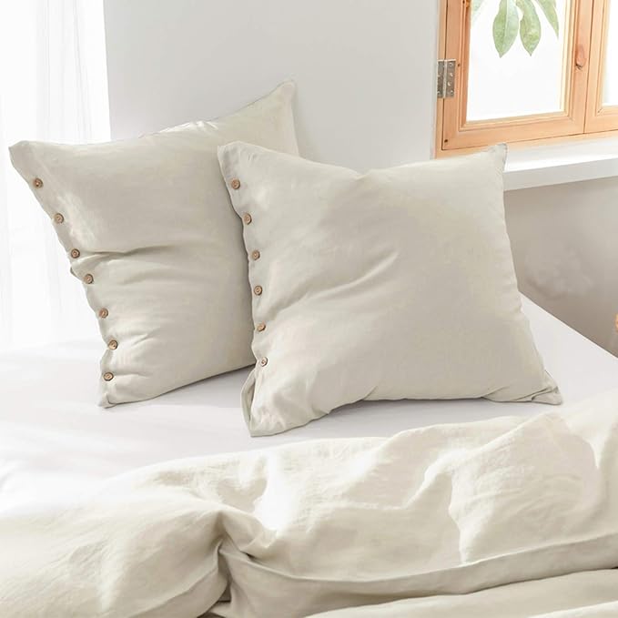 Simple&Opulence 100% Washed Linen Euro Sham Cover, 26 x 26 Inch, Decorative Bed Pillow Cover with Coconut Button, Solid Color Pillow Shams Set of 2 (Natural Linen)