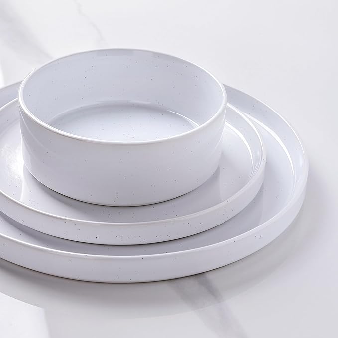 GBHOME Dinnerware Set for 4, 12 Piece Speckled Plates and Bowls Set with Glazed Bottom, Chip & Scratch Resistant Stoneware Plates Sets, Dishwasher & Microwave Safe Dishes (White, Service for 4)