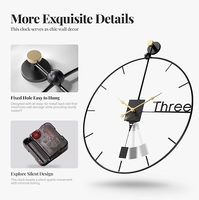 36 inch Extra Large Wall Clock Modern Battery Operated Wall Clock with Pendulum, Silent Non-Ticking Metal Clock for Living Room Decor, Decorative Hanging Clock for Bedroom, Office, Kitchen, Home