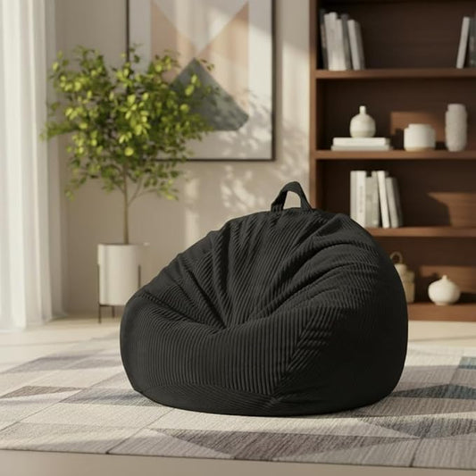 Stuffed Animal Storage Bean Bag Chair Cover, Cover Only (No Filler), Corduroy Toy Organizer Floor Cushion Seat, 48 in/120 cm Slipcover for Teens & Adults, Black