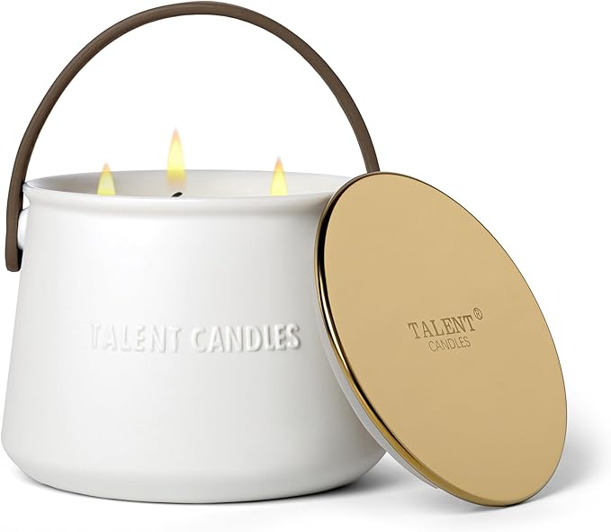 Candles for Home Scented - Scandinavian Style 3 Wick Candle - Long-Lasting Ceramic Candle Jar - Soy Candles Non Toxic with Minimalist Design - Teak Mahogany