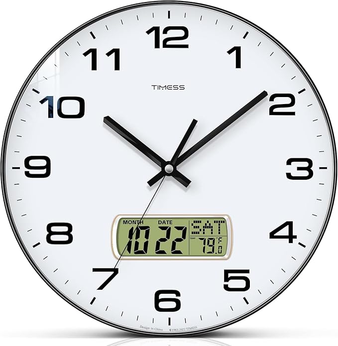 Wall Clock, 13" Dial Non-Ticking Silent Battery Operated Analog with LCD Display for Perpetual Calendar and F° Temperature, Ideal Modern Home, Bedroom, Kitchen, Office Decor(Black)