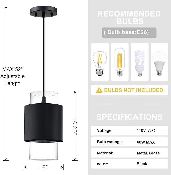 1 Light Hanging Indoor Kitchen Island Pendant Light 6" Drum Glass Shade Pendant Ceiling Light Fixtures Modern Farmhouse Dinning Over Sink (Black Finish, 2 Pack)