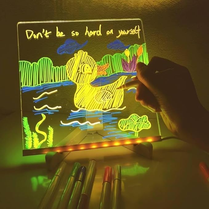 LED Note Board with Colors, Acrylic Dry Erase Board with Light and 7 Colorful Pens, Light up Dry Erase Board with Stand for Family/Office/School/bar/Cafe (7.9 X 7.9”)