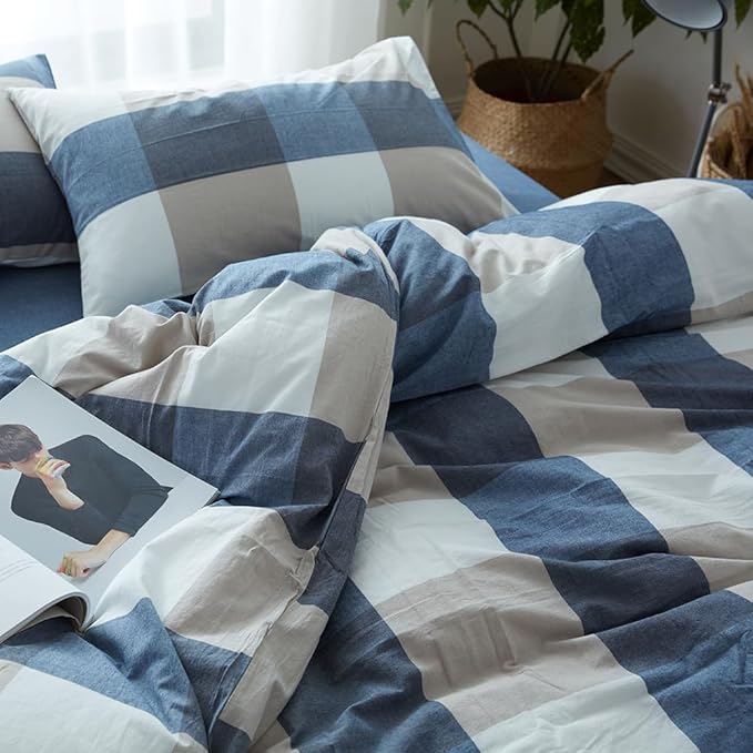FACE TWO FACE Bedding Duvet Cover Set100% Washed Cotton Duvet Cover Linen Like Textured Breathable Durable Soft Comfy (California King, Blue and White Grid)