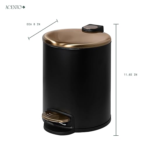 ACENTO 1.3 Gal Round Bathroom Trash Can with Lid – Stainless Steel Small Trashcan with Soft Close Pedal & Removable Liner – Compact Waste Bin for Bathroom, Bedroom, Dorm, Office – Matte Black & Gold