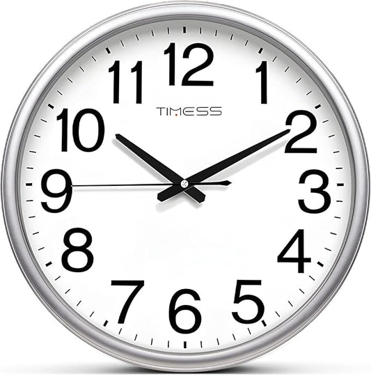 Wall Clock, 13 Inch Large Dial Non-Ticking Silent Battery Operated Quality Analog, Ultra-Quiet Movement Quartz, Timeless Stylish Clock, Ideal Modern Home, Office Décor (Sliver)