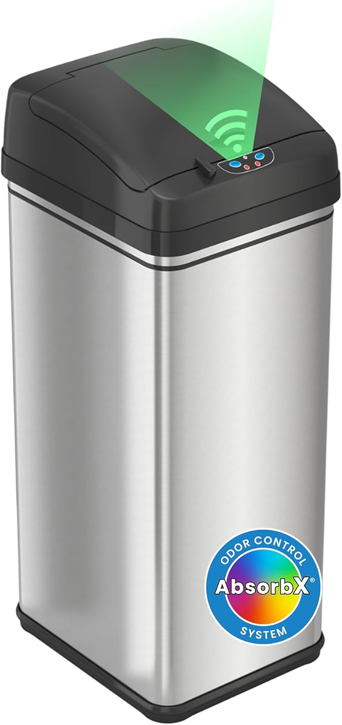 iTouchless 13 Gallon Kitchen Trash Can with Lid & Odor Filter – Motion Sensor Stainless Steel Garbage Bin for Home, Office, or Garage – Slim, Large Capacity Design