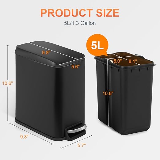 PayLessHere 1.3 Gallon Small Bathroom Trash Can with Lid, Black Stainless Steel Garbage Can with Removable Inner Bucket for Home and Bathroom (5Liter)