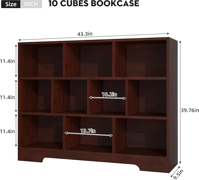 Book Shelf for Kids, 10 Cubes Storage Organizer Montessori Bookshelf, 3-Tier Wooden Kids Bookcase, Toy Storage Organizer for Children, Cherry Toddler Bookshelf Cube Shelf for Kid’s Room, Classroom