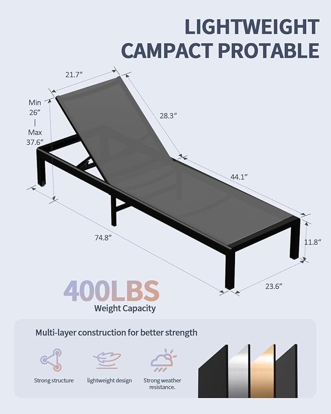 Aluminum Lounge Chairs Outdoor Chaise Furniture,2 Sets Patio Metal Deck Lounger Adjustable 5-Position Poolside Chase Recliner with Wheels for Beach,Coffee Table, (Gray, 2 Chairs)