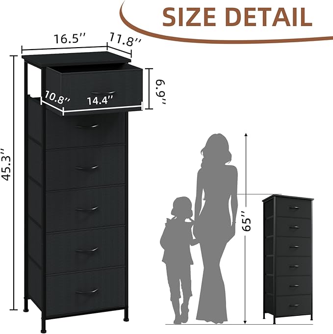 Somdot Tall Dresser for Bedroom with 6 Drawers and Side Pockets, Storage Organizer Chest of Drawers with Fabric Bins for Closet Bedside Nursery Living Room Entryway Hallway, Black