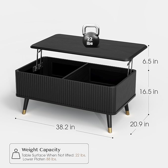 Lift Top Coffee Table with Storage,Mid Century Modern Coffee Table,Fluted Wood Rectangle Center Table for Living Room,Home Office,Black