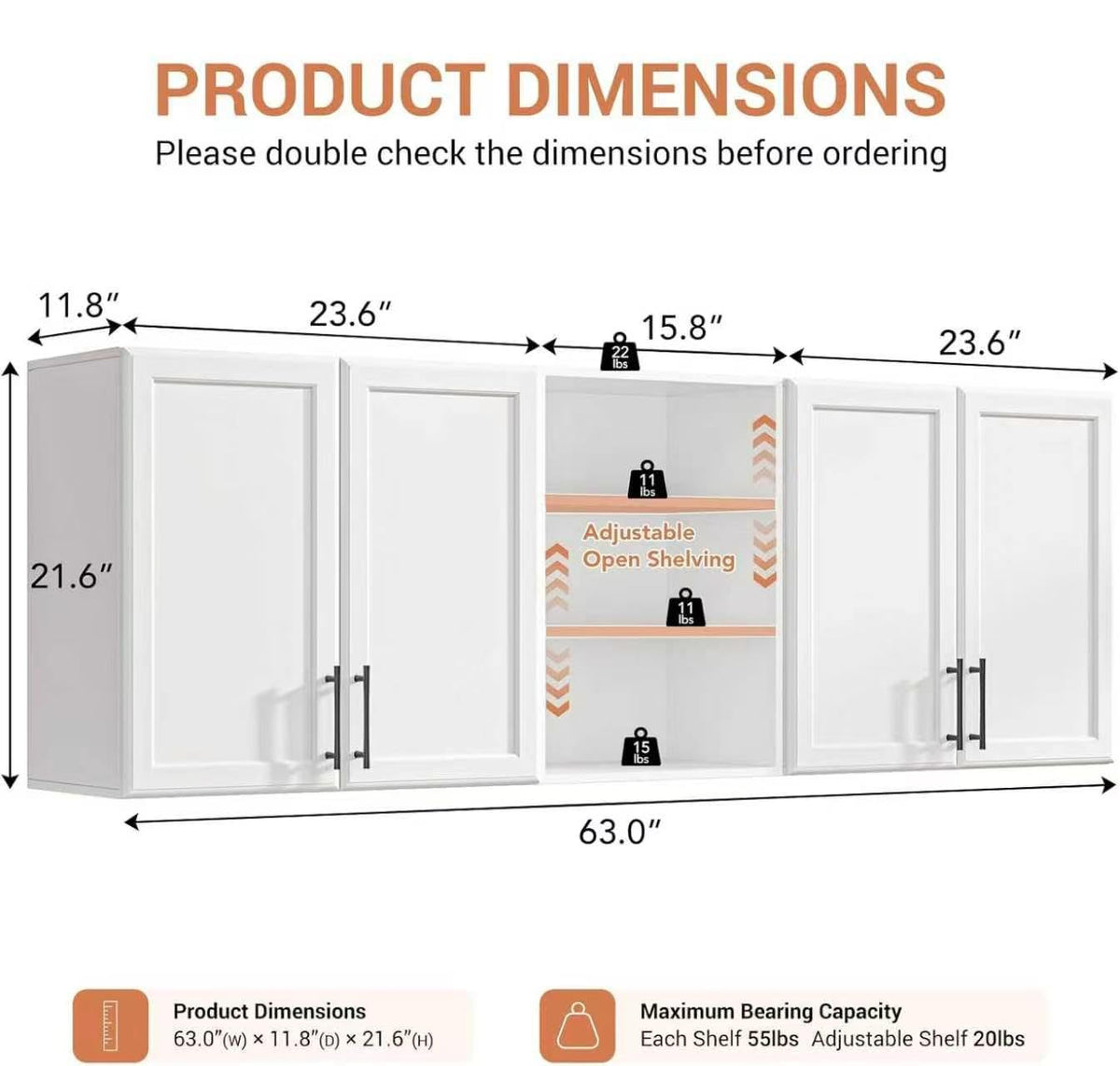 NEWOWNDS 62.8" W Laundry Wall Mounted Cabinets with Adjustable Shelf