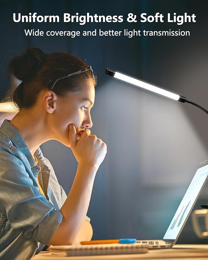 JHD LED Desk Lamp with Clamp - Adjustable 3 Color Modes 10 Brightness Level Table Lamp, USB Eye Caring Flexible Gooseneck Desk Light for Home Office, Dorm Room, Reading, Nail, Clip On Light, Black