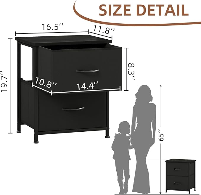 Somdot Nightstand Set of 2, Small Dresser for Bedroom with 2 Storage Drawers, Bed Side Furniture End Table with Fabric Bins for Bedroom Closet, Entryway, College Dorm, Black