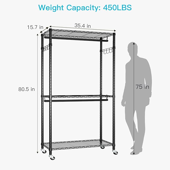 FUTASSI P1 Heavy Duty Garment Rack, 3 Tiers Adjustable Rolling Metal Closet Organizer with Lockable Wheels, FreeStanding Wardrobe with Double Hanger Rods & 1 Pair Hooks, Max Load 450 LBS, Black