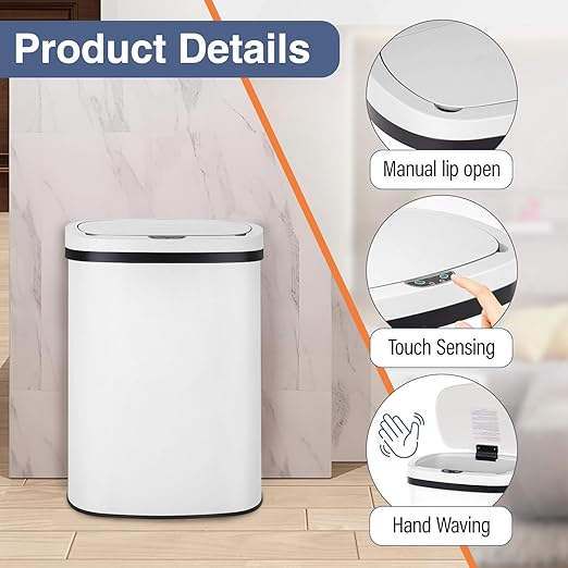 PayLessHere 13 Gallon Trash Can Kitchen Trash Can Automatic Garbage Can with Lid Touch Free High-Capacity Motion Sensor for Kitchen Bedroom Bathroom Office Trash Bin (1, White Stainless Steel)